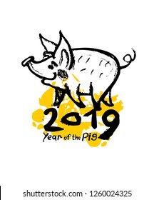 Year of the Pig 2019 hand drawn illustration with pig and handwritten 2019. Vector template New Year's design on the Chinese calendar. 
