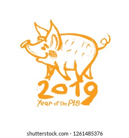 Year of the Pig 2019 hand drawn illustration with pig and handwritten 2019. Yellow stamp. Vector template New Year's design on the Chinese calendar. 