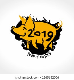 Year of the Pig 2019 hand drawn illustration with blot and yellow pig and handwritten 2019 inscription. Vector template New Year's design on the Chinese calendar. 
