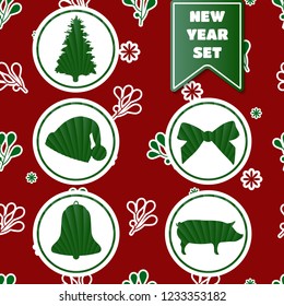 Year of the Pig. 2019 New Year's Illustration green icons set. Pine tree, Santa's Cap, Bell, bow tie, piggy. Celebration elements set for christmas and new year decoration, design, print.