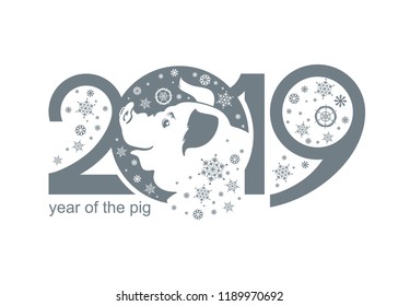 Year of the Pig 2019. Portrait of a cute piggy in snowflakes. Vector template New Year's design on the Chinese calendar. 