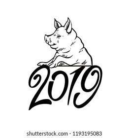 Year of the Pig 2019. Portrait of a cute piggy, template New Year's design on the Chinese calendar.