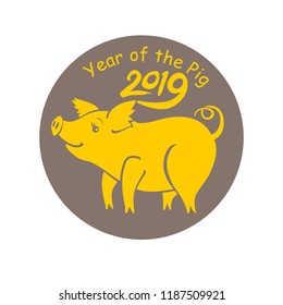 Year of the Pig 2019. Round sticker with cute yellow piggy. Vector template New Year's design on the Chinese calendar. Funny pig in snowflakes.
