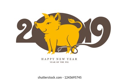 Year of the Pig 2019. Simple flat vector template yellow Pig Boar 2019. 