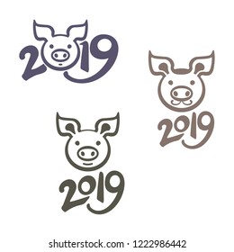 Year of the Pig 2019. Three vector templates template pig head 2019. Flat design.