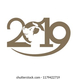 Year of the Pig 2019. Vector symbol 2019 with a silhouette of a smiling pig. Flat template isolated on white background. 