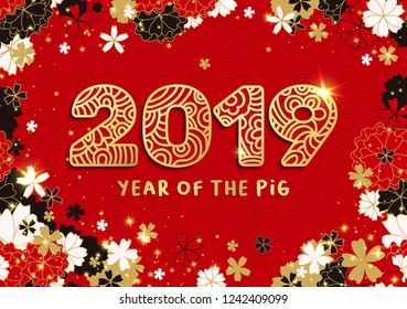 Year Of The Pig Banner with Gold 2019 Paper Cutting or Laser Cut Numbers on Bright Red Background with Sakura and Stars. Vector Japanese or Chinese illustration and Classic Waves Pattern.