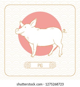 Year pig Chinese horoscope vector line art and pattern on white background.