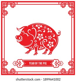 Year of the pig for chinese new year 2031or chinese fastival , lucky zodiahc lucky of the year red paper cut with craft style on background.