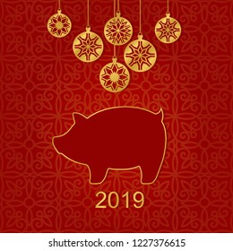 Year of the pig. Christmas illustration with the symbol of the new 2019 and Christmas balls on a red background.