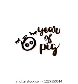 Year of pig. Handwritten black text with pig muzzle isolated on white background. Vector design.