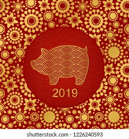 Year of the pig. Happy chinese new year 2019. Banner card with gold pig zodiac sign and ornamental flower on red background. 