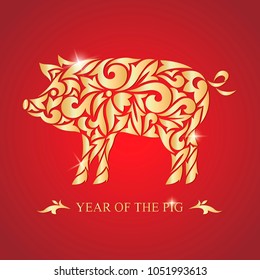 The year of the pig. Happy new year. Vector illustration. Image of a golden pig on a red background.