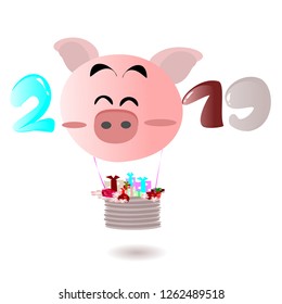 Year of the Pig and New Year 2019 and Chinese New Year.  Vector flat illustration for decoration. Colorful cute cartoon character  on white background isolated.