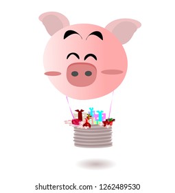 Year of the Pig and New Year 2019 and Chinese New Year.  Vector flat illustration for decoration. Colorful cute cartoon character on white background isolated.