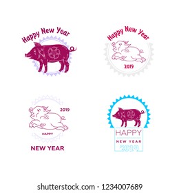 Year of pig. New 2019. Postcard with pigs, geometric elements. The logo of the pig. Vector