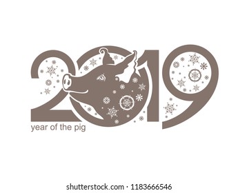 Year of the Pig on the Chinese calendar. 2019. Cute piglet and snowflakes flat illustration. Vector template New Year's design. 