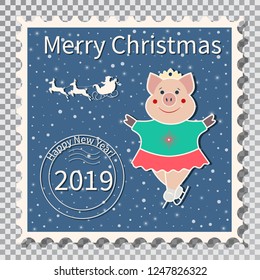 Year of the Pig, Postcard with a stamp, the image of a pig that skates - figure figure. Sports in the winter. On a transparent background vector illustration