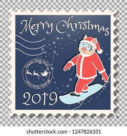  Year of the Pig, Postcard with a stamp, the image of a pig in a Santa suit, who rides a snowboard. Sports in the winter. On a transparent background vector illustration