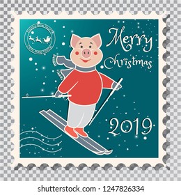 Year of the Pig, Postcard with a stamp, the image of a pig that rides on skis. Sports in the winter. On a transparent background vector illustration