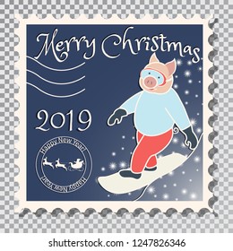 Year of the pig, Postcard with a stamp, the image of a pig who rides a snowboard. Sports in the winter. On a transparent background vector illustration