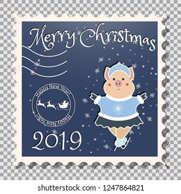  Year of the Pig, postcard with a stamp, the image of a pig in the suit of the Snow Maiden - figure skater. Sports in the winter. On a transparent background vector illustration