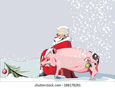 Year of the pig. Twelve Zodiac Animals. Cute pig and rock 'n' roll Santa Claus.