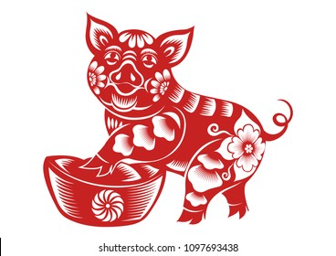Year of The Pig,Red paper cut pig zodiac and money sign isolate on white background 