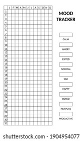 Year in pixels, mood tracker monochrome template. Habit diary blank for bullet journal. Monthly planner vertical orientation.