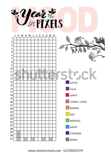 Year in pixels, your mood. Habit tracker blank\
with hand written cute numbers and lettering. Bullet journal\
template. Monthly planer