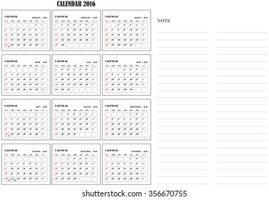 year plan for 2016 on white background, week starts with sunday, simple vector template