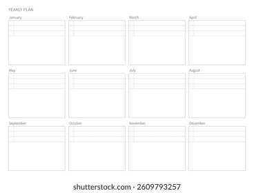 A year plan template with a simple and minimal style. Note, scheduler, diary, calendar, planner document template illustration.