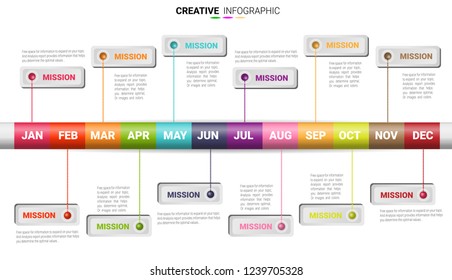 Year Planner, 12 Months, 1 Year, Timeline Infographics Design Vector And Presentation Business Can Be Used For Business Concept With 12 Options, Steps Or Processes.