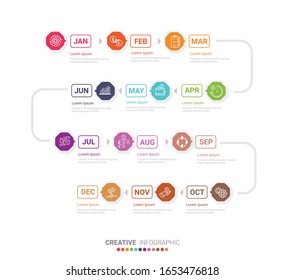 Planificador de año, 12 meses, 1 año. El diseño de infografías de línea de tiempo vectorial y el negocio de presentación se pueden utilizar para el concepto de negocio con 12 opciones, pasos o procesos. 