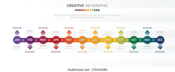 Jahresplaner, 12 Monate, 1 Jahr, Infografik Design Vektorillustration und Präsentation Business mit 12 Optionen, Schritten oder Prozessen. 