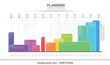 Year planner, 12 months, 1 year, Timeline infographics design vector and Presentation business can be used for Business concept with 12 options, steps or processes, goal in graph