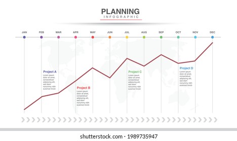 Planificador de año, 12 meses, 1 año, vector de diseño de infografías de la línea de tiempo y negocio de presentación se pueden utilizar para concepto de negocio con 12 opciones, pasos o procesos, objetivo en el gráfico