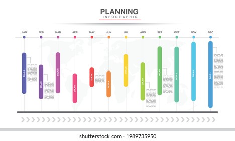 Year planner, 12 months, 1 year, Timeline infographics design vector and Presentation business can be used for Business concept with 12 options, steps or processes, goal in graph