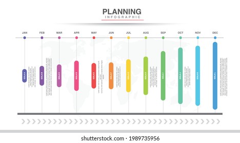 Planificador de año, 12 meses, 1 año, vector de diseño de infografías de la línea de tiempo y negocio de presentación se pueden utilizar para concepto de negocio con 12 opciones, pasos o procesos, objetivo en el gráfico