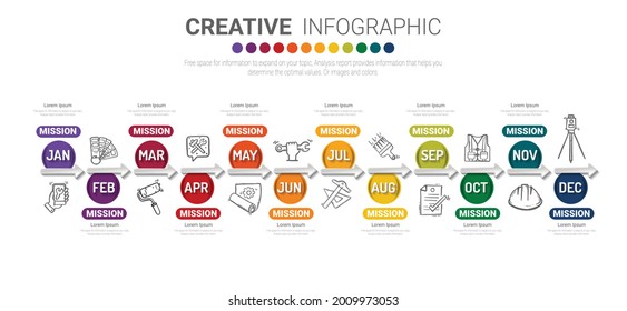 Planificador de año, 12 meses, 1 año, vector de diseño de infografías de la línea de tiempo y negocio de presentación se pueden utilizar para concepto de negocio con 12 opciones, pasos o procesos. 