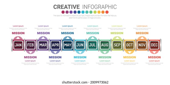 Year planner, 12 months, 1 year, Timeline infographics design vector and Presentation business can be used for Business concept with 12 options, steps or processes. 