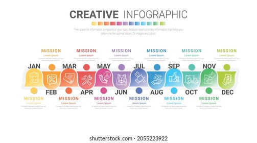 Year planner, 12 months, 1 year, Timeline infographics design vector and Presentation business can be used for Business concept with 12 options, steps or processes