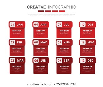 Planejador de ano, 12 meses, 1 ano, vetor de design de infográficos de linha do tempo e negócios de apresentação podem ser usados para fluxo de trabalho, diagrama de processo, fluxograma. Vetor EPS.