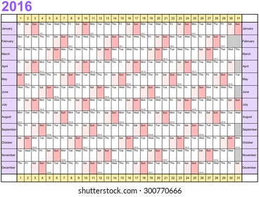 Year Planner 2016 in English in a landscape format