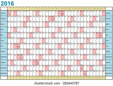Year Planner 2016 linear with public holidays for the USA in a landscape format