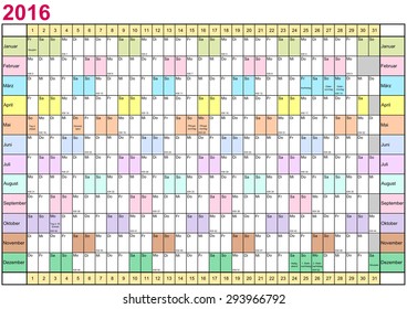 Year Planner 2016 linearly with public holidays and each month in different bright colors for Germany