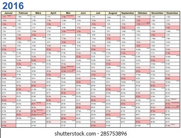 Year Planner 2016 with public holidays for Germany in a landscape format