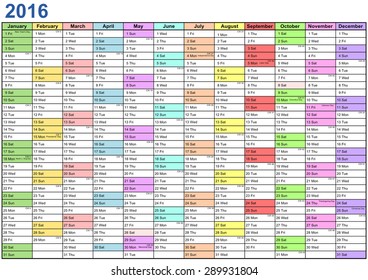 Year Planner 2016 with public holidays and each months in a different color for the USA