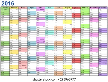 Year Planner 2016 with public holidays and each months in a different color for Germany