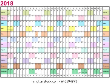 Year Planner 2018 linearly with public holidays for Germany and each month in different bright colors